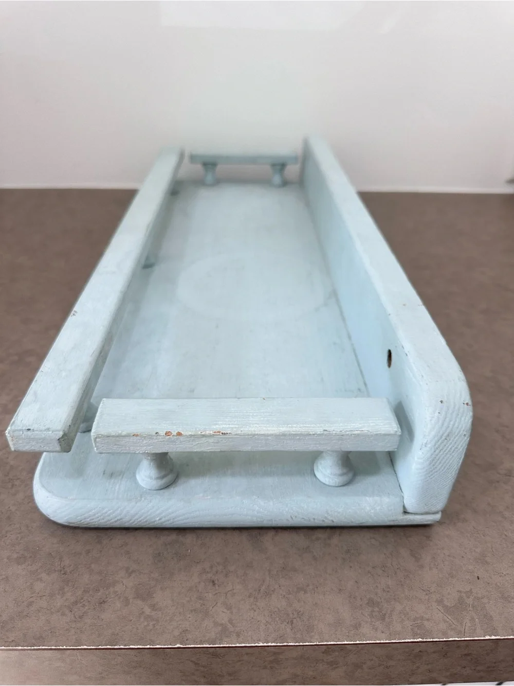 Vintage-Inspired Light Blue Painted Wood Wall Shelf Spindle Gallery Rail 20 x 8”